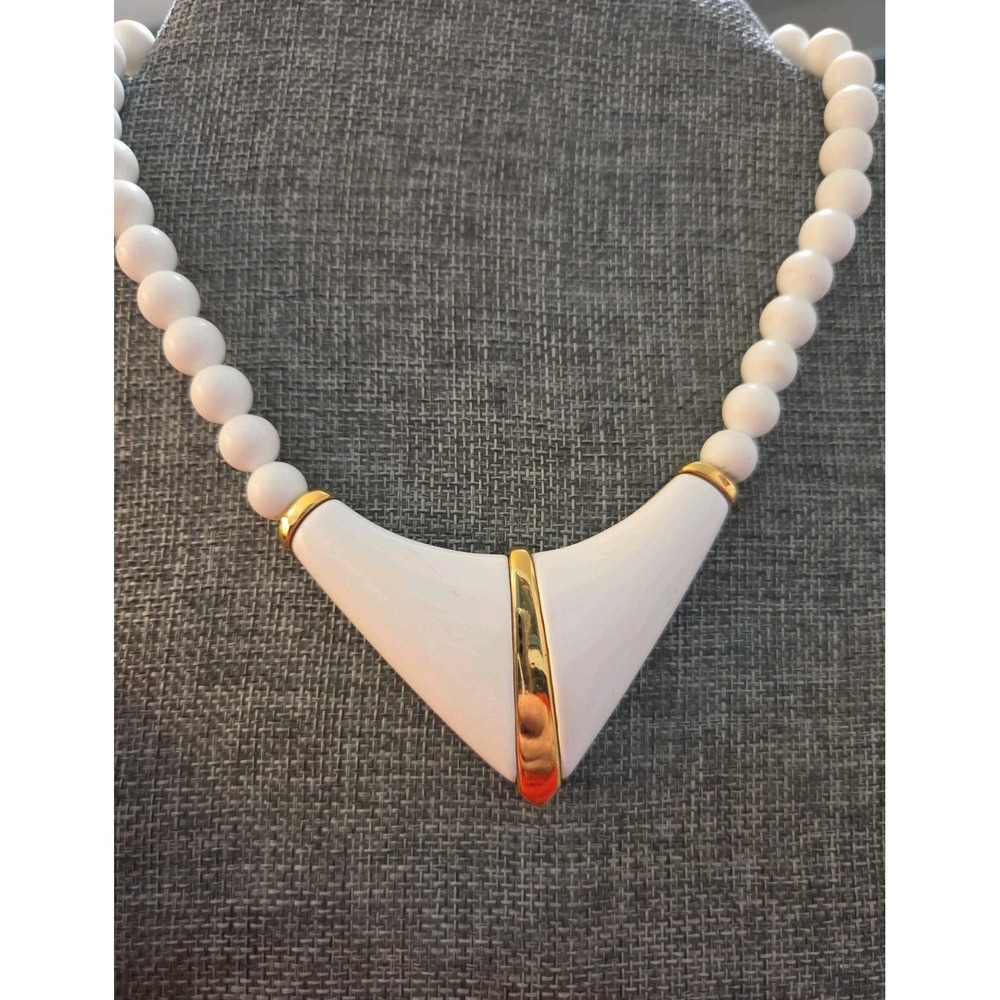 White Lucite Necklace w/Gold Accents By MONET Vintage Excellent Condition